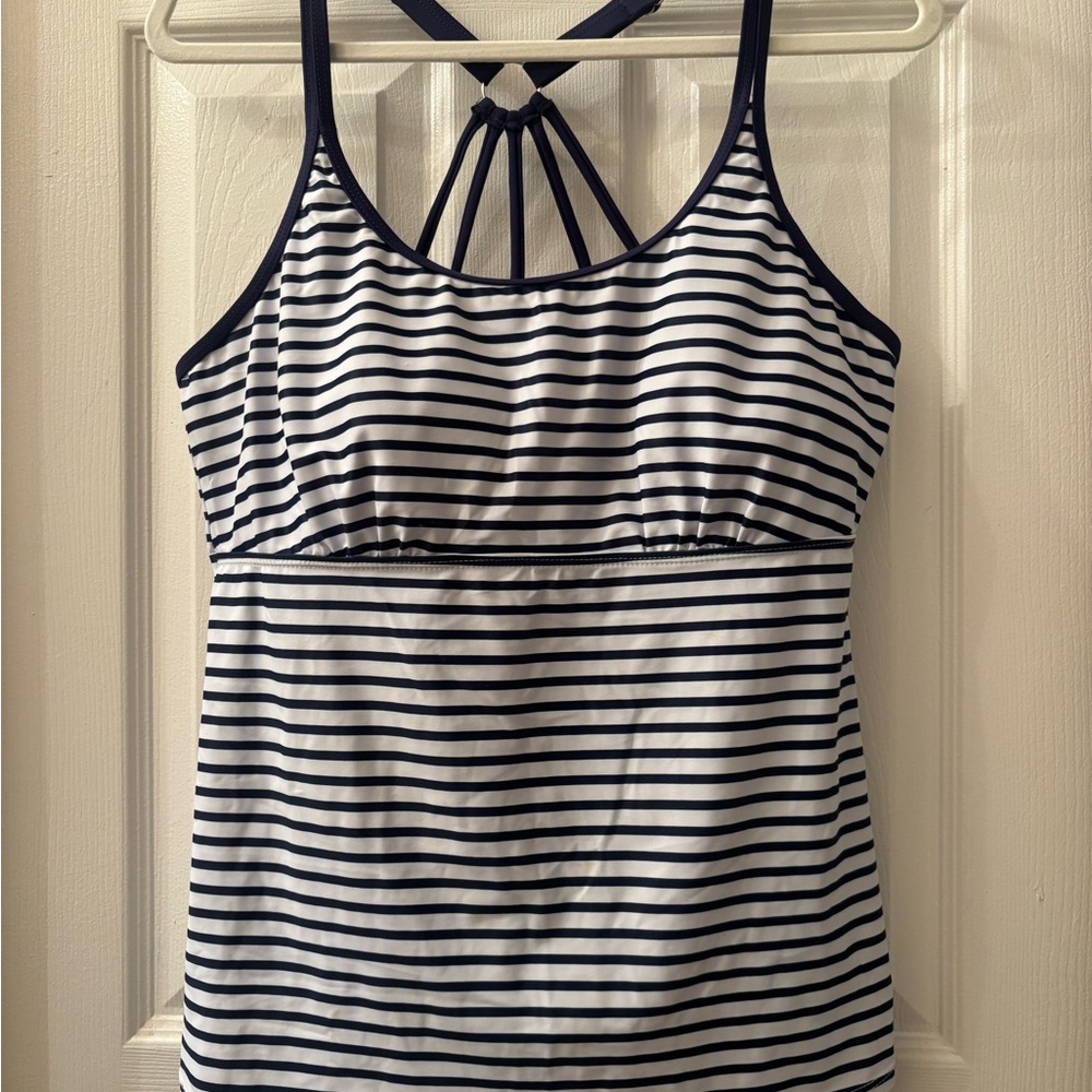 Striped Navy and White Women’s Tankini Swim Top with Strappy Back
